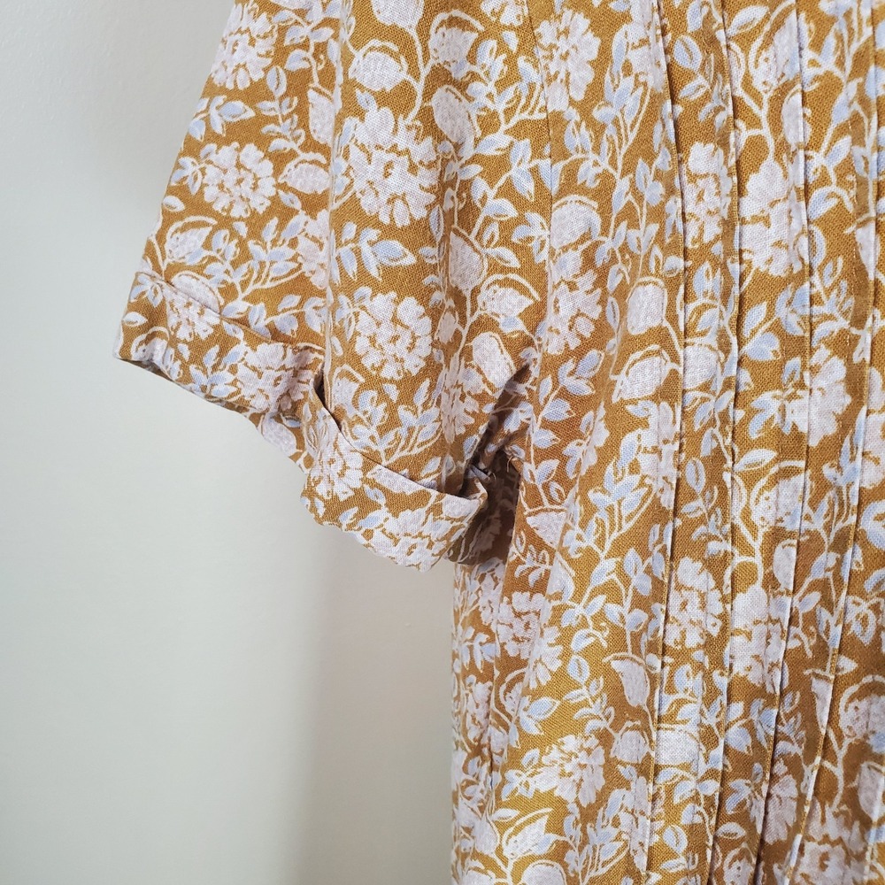 Faherty Hana Short Floral Dress Tan Small Linen Blend Prairie Cottagecore Pleats - Picture 4 of 8